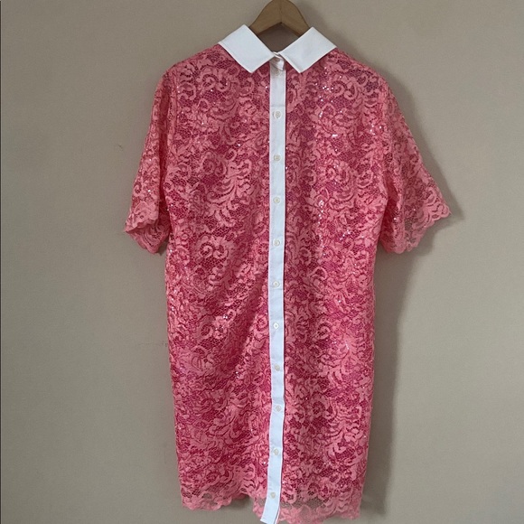 Anthropologie Stella Nova Sequined Lace Shirt Dress in Amazing Pink Medium - Picture 5 of 8